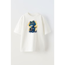 Nmg Tekstil Unisex Beyaz Oversize Pamuk Gitarlı Yavru Kaplan Baskılı Örme T-Shirt