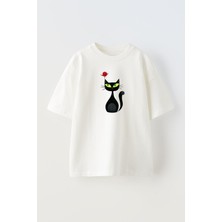 Nmg Tekstil Unisex Beyaz Oversize Pamuk Kocagözlü Kedi Baskılı Örme T-Shirt