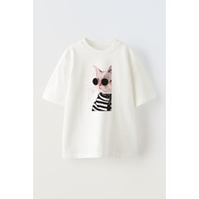 Nmg Tekstil Unisex Beyaz Oversize Pamuk Yuvarlak Gözlüklü Kedi Baskılı Örme T-Shirt