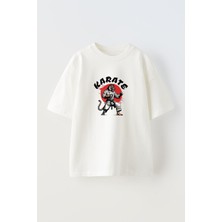 Nmg Tekstil Unisex Beyaz Oversize Pamuk Karateci Kaplan Baskılı Örme T-Shirt