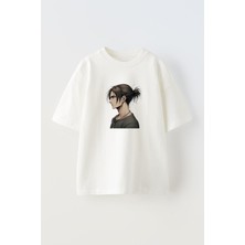 Nmg Tekstil Unisex Beyaz Oversize Pamuk Saçları Bağlı Erkek Anime Baskılı Örme T-Shirt