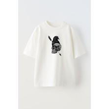 Nmg Tekstil Unisex Beyaz Oversize Pamuk Karga Kurukafa Baskılı Örme T-Shirt