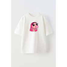 Nmg Tekstil Unisex Beyaz Oversize Pamuk Pembe Powergirl Baskılı Örme T-Shirt