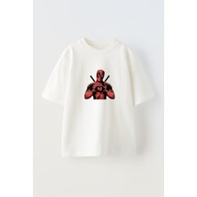 Nmg Tekstil Unisex Beyaz Oversize Pamuk Kalpli Deadpool Baskılı Örme T-Shirt