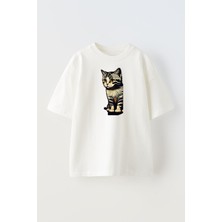 Nmg Tekstil Unisex Beyaz Oversize Pamuk Yeşil Yavru Kedi Baskılı Örme T-Shirt
