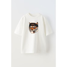 Nmg Tekstil Unisex Beyaz Oversize Pamuk Bandanalı Tiger Baskılı Örme T-Shirt