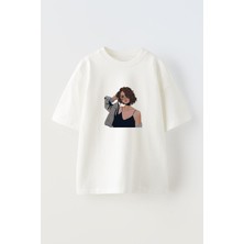 Nmg Tekstil Unisex Beyaz Oversize Pamuk Kıvırcık Genç Kız Baskılı Örme T-Shirt