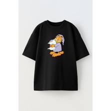 Nmg Tekstil Unisex Siyah Oversize Pamuk Garlfield Mor Pijamalı Baskılı Örme T-Shirt