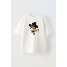 Nmg Tekstil Unisex Beyaz Oversize Pamuk Şarkıcı Fare Baskılı Örme T-Shirt