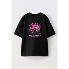 Nmg Tekstil Unisex Siyah Oversize Pamuk Tennis Girl Pembe Baskılı Örme T-Shirt