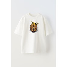 Nmg Tekstil Unisex Beyaz Oversize Pamuk Kahverengi Pitbull Taç Baskılı Örme T-Shirt