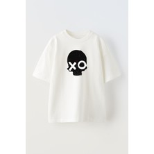 Nmg Tekstil Unisex Beyaz Oversize Pamuk Xo Kurukafa Baskılı Örme T-Shirt