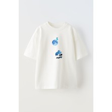 Nmg Tekstil Unisex Beyaz Oversize Pamuk Ay Çiçek Mavi Baskılı Örme T-Shirt