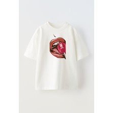 Nmg Tekstil Unisex Beyaz Oversize Pamuk Lolipop Dudak Baskılı Örme T-Shirt