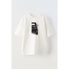 Nmg Tekstil Unisex Beyaz Oversize Pamuk Eski Jip Fotoğraf Baskılı Örme T-Shirt