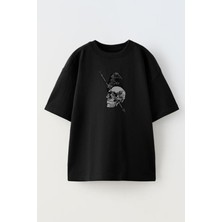 Nmg Tekstil Unisex Siyah Oversize Pamuk Karga Kurukafa Baskılı Örme T-Shirt