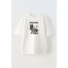 Nmg Tekstil Unisex Beyaz Oversize Pamuk Creceran Baskılı Örme T-Shirt