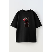 Nmg Tekstil Unisex Siyah Oversize Pamuk Kırmızı Sakızlı Kedi Baskılı Örme T-Shirt
