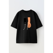 Nmg Tekstil Unisex Siyah Oversize Pamuk Müziksiz Olmaz Baskılı Örme T-Shirt
