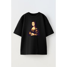 Nmg Tekstil Unisex Siyah Oversize Pamuk Monolisa Baskılı Örme T-Shirt