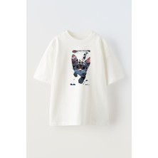 Nmg Tekstil Unisex Beyaz Oversize Pamuk Yüzen Kedi Baskılı Örme T-Shirt