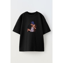 Nmg Tekstil Unisex Siyah Oversize Pamuk Şapkalı Erkek Kız Baskılı Örme T-Shirt