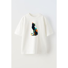 Nmg Tekstil Unisex Beyaz Oversize Pamuk Kedi Renkli Tasarım Baskılı Örme T-Shirt
