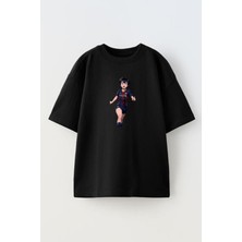 Nmg Tekstil Unisex Siyah Oversize Pamuk Barcelona Anime Baskılı Örme T-Shirt