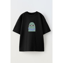 Nmg Tekstil Unisex Siyah Oversize Pamuk Mor Dudak Yeşil Yaratık Baskılı Örme T-Shirt