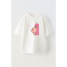 Nmg Tekstil Unisex Beyaz Oversize Pamuk Pembe Dumanlı Kadın Baskılı Örme T-Shirt