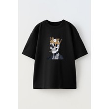 Nmg Tekstil Unisex Siyah Oversize Pamuk Taçlı Kurukafa Baskılı Örme T-Shirt