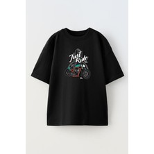 Nmg Tekstil Unisex Siyah Oversize Pamuk Just Ride Motor Baskılı Örme T-Shirt