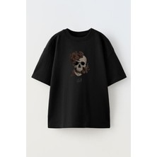 Nmg Tekstil Unisex Siyah Oversize Pamuk Lolja Kuru Kafa Baskılı Örme T-Shirt