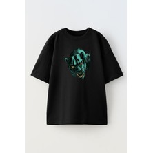 Nmg Tekstil Unisex Siyah Oversize Pamuk Jaguar Yeşil Baskılı Örme T-Shirt