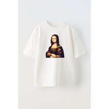 Nmg Tekstil Unisex Beyaz Oversize Pamuk Monolisa Baskılı Örme T-Shirt