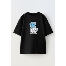 Nmg Tekstil Unisex Siyah Oversize Pamuk Iam Dogtor Baskılı Örme T-Shirt