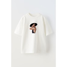 Nmg Tekstil Unisex Beyaz Oversize Pamuk Şık Kadın Tasarım Baskılı Örme T-Shirt