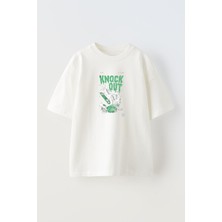 Nmg Tekstil Unisex Beyaz Oversize Pamuk Knock Out Kaykay Baskılı Örme T-Shirt