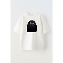 Nmg Tekstil Unisex Beyaz Oversize Pamuk Siyah Kuş Baskılı Örme T-Shirt
