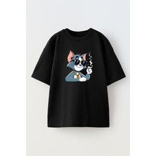 Nmg Tekstil Unisex Siyah Oversize Pamuk Zengin Tom Baskılı Örme T-Shirt