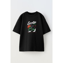 Nmg Tekstil Unisex Siyah Oversize Pamuk Scooter Kurukafa Baskılı Örme T-Shirt
