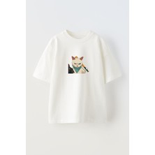 Nmg Tekstil Unisex Beyaz Oversize Pamuk Beyzball Kedi Baskılı Örme T-Shirt