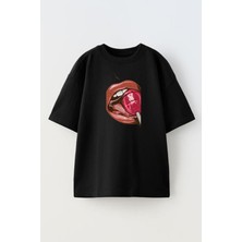 Nmg Tekstil Unisex Siyah Oversize Pamuk Lolipop Dudak Baskılı Örme T-Shirt
