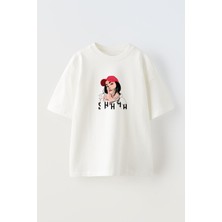 Nmg Tekstil Unisex Beyaz Oversize Pamuk Kırmızı Şapkalı Genç Kız Baskılı Örme T-Shirt