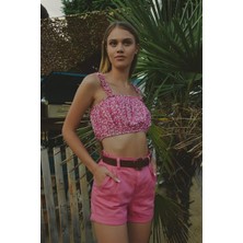 Ben Özgürüm Vizkon Lastik Büzgü Ip Askılı Bel Lastik Kısa Kadın Bluz