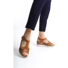 Tamdabu Ayakkabı Deri Taba Anatomik Taban Comfort Kadın Sandalet TMD2060