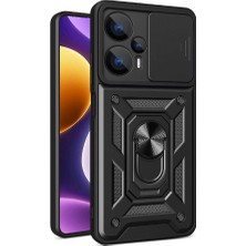 Caseart Xiaomi Poco F5 Kapak Lens Sürgülü Kamera Korumalı Yüzüklü Stantlı Tank Kılıf - Siyah