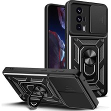 Caseart Xiaomi Poco F5 Pro Kapak Lens Sürgülü Kamera Korumalı Yüzüklü Stantlı Tank Kılıf - Siyah