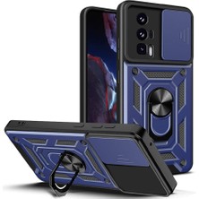 Caseart Xiaomi Poco F5 Pro Kapak Lens Sürgülü Kamera Korumalı Yüzüklü Stantlı Tank Kılıf - Lacivert