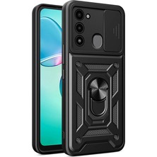 Case World Tecno Spark 8c Kapak Lens Sürgülü Kamera Korumalı Yüzüklü Stantlı Tank Kılıf - Siyah